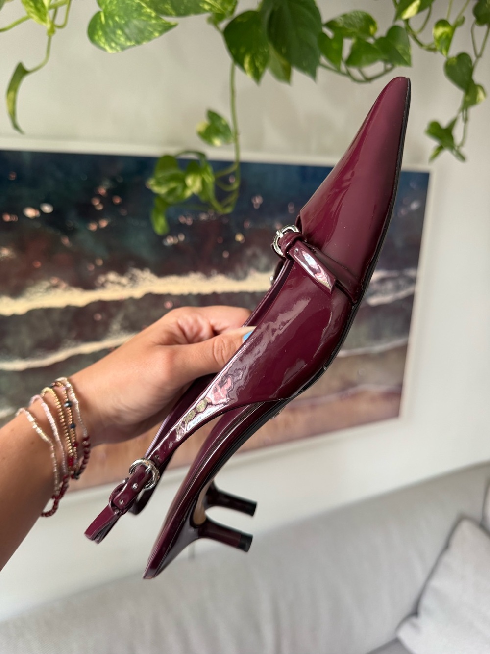 Zara Burgundy Patent Pointed-Toe Slingback Kitten Heels - Picture 11 of 15